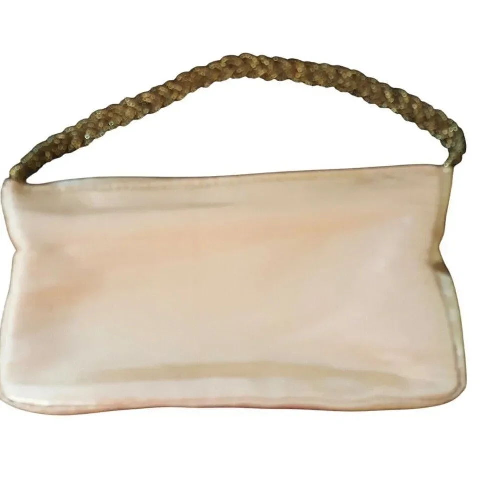 Vintage Jessica McClintock Womens Purse Gold Sateen Formal Clutch Bead Handle